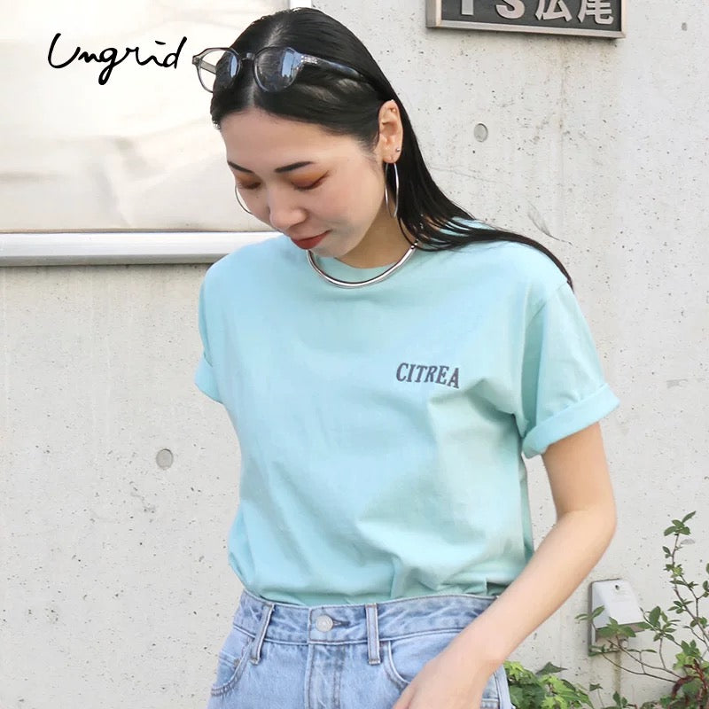 日本ungrid春季新品  女士夏季纯色纯棉马卡龙色刺绣短袖T恤上衣