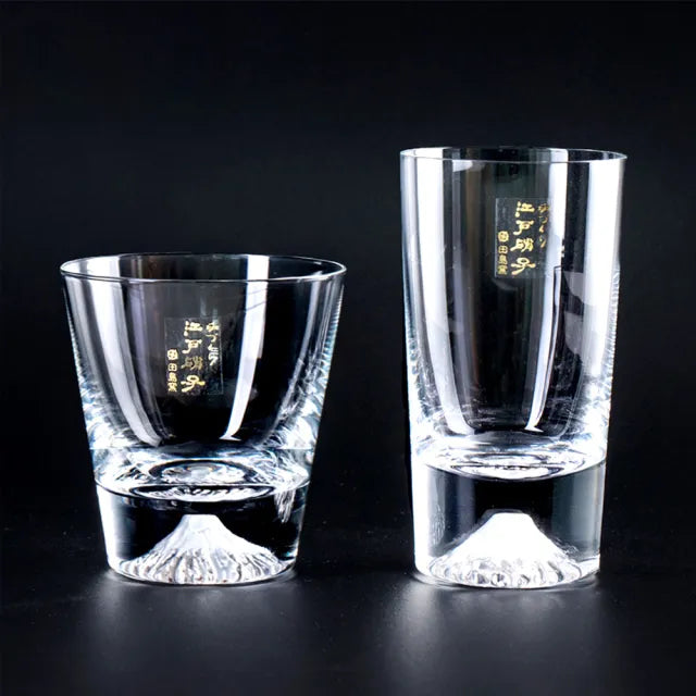 日本 江户硝子/切子 富士山雪山杯 创意冰山杯 水晶威士忌酒杯 木盒装