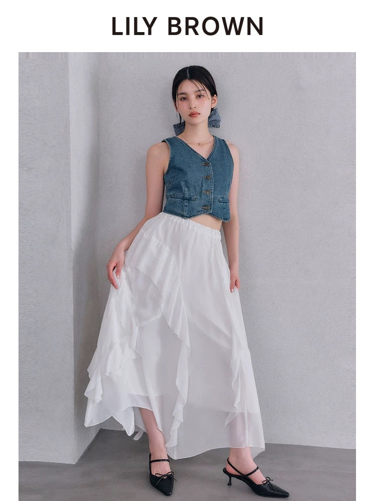 lilybrown春夏新品高腰不规则荷叶边A字半身裙