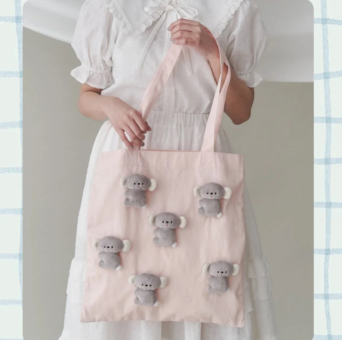 日本 联名 merryjenny×nicoyama pocket  小考拉玩偶帆布包 白色/粉色