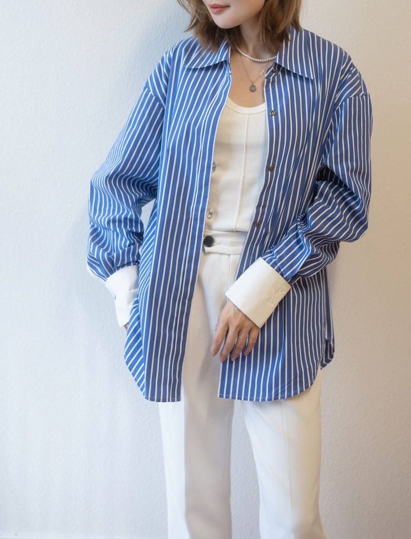 【Riko's collection】女士长袖 复古蓝色条纹衬衫 定制刺绣男友风条纹衬衫内搭上衣 胸围121cm