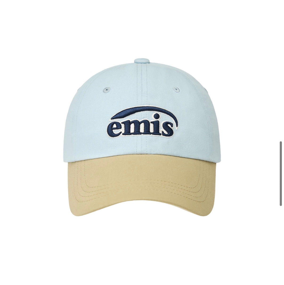 emis Duo Logo Two Tone Ball Cap Pastel Blue 韩国 emis 拼色棒球帽  淡蓝拼卡其 双层刺绣标