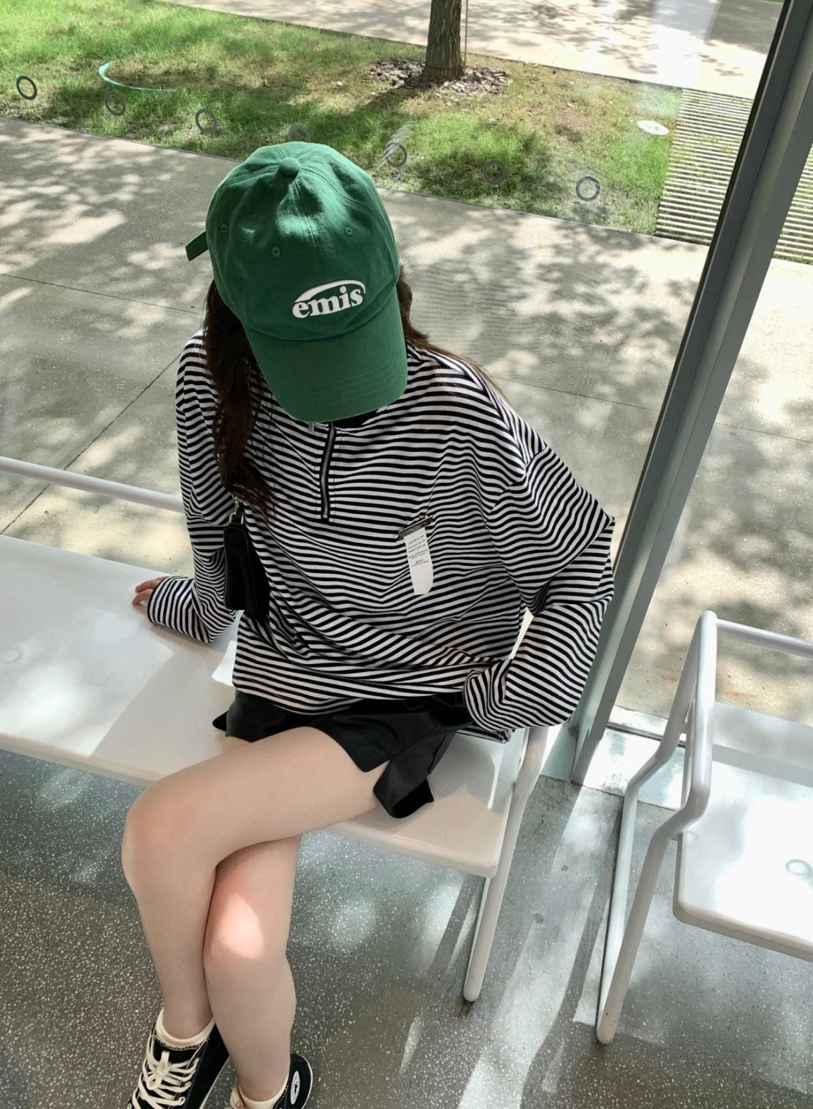 韩国 小众设计师emis字母刺绣 棒球棒 复古绿