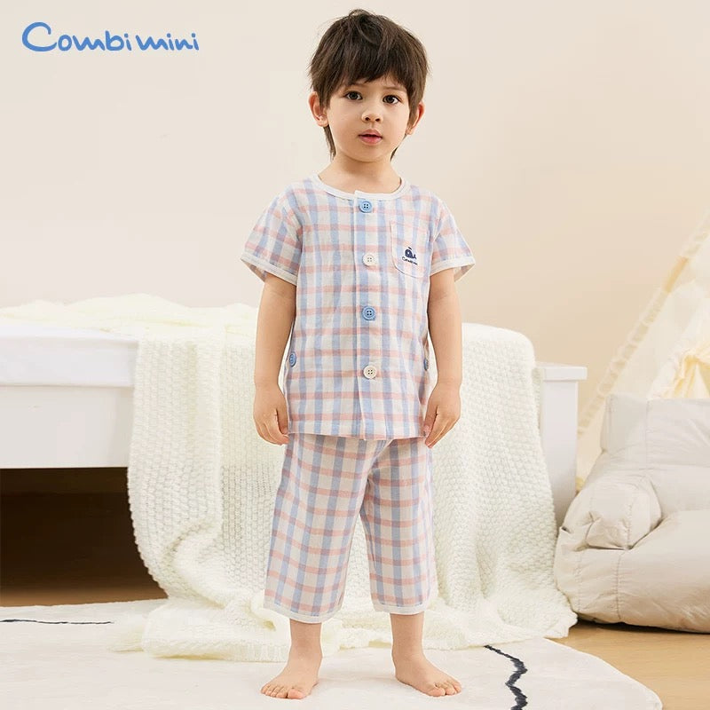 日本 combimini  新款超柔纱布棉 格子小鲸鱼家居服套装