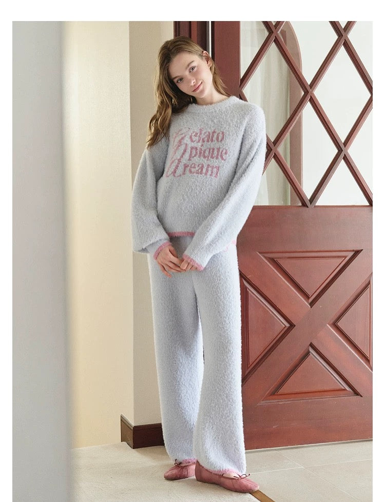 gelato pique 25年秋冬新品 羽毛纱字母撞色 家居服套装 蓝灰色