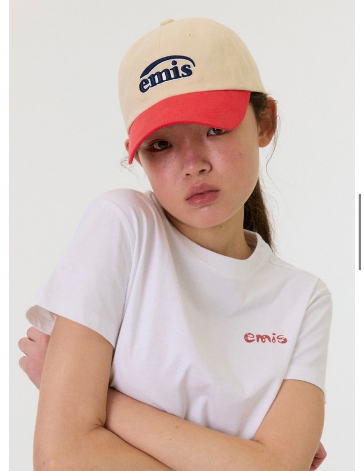 emis Duo Logo Two Tone Ball Cap Beige 韩国 emis 拼色棒球帽  米色拼红色 双层刺绣标