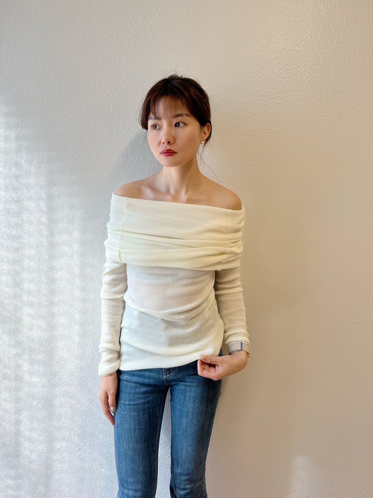 【Riko's collection】一字肩针织上衣 高弹力 均码（胸围92cm以内可以穿）白色