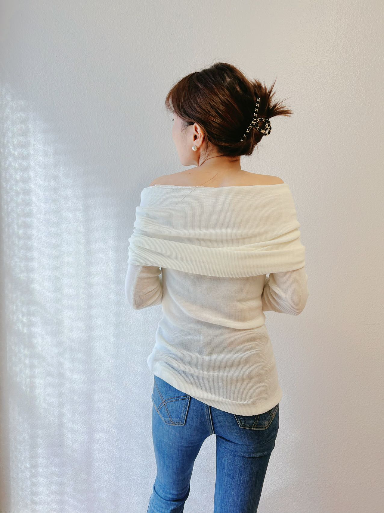 【Riko's collection】一字肩针织上衣 高弹力 均码（胸围92cm以内可以穿）白色