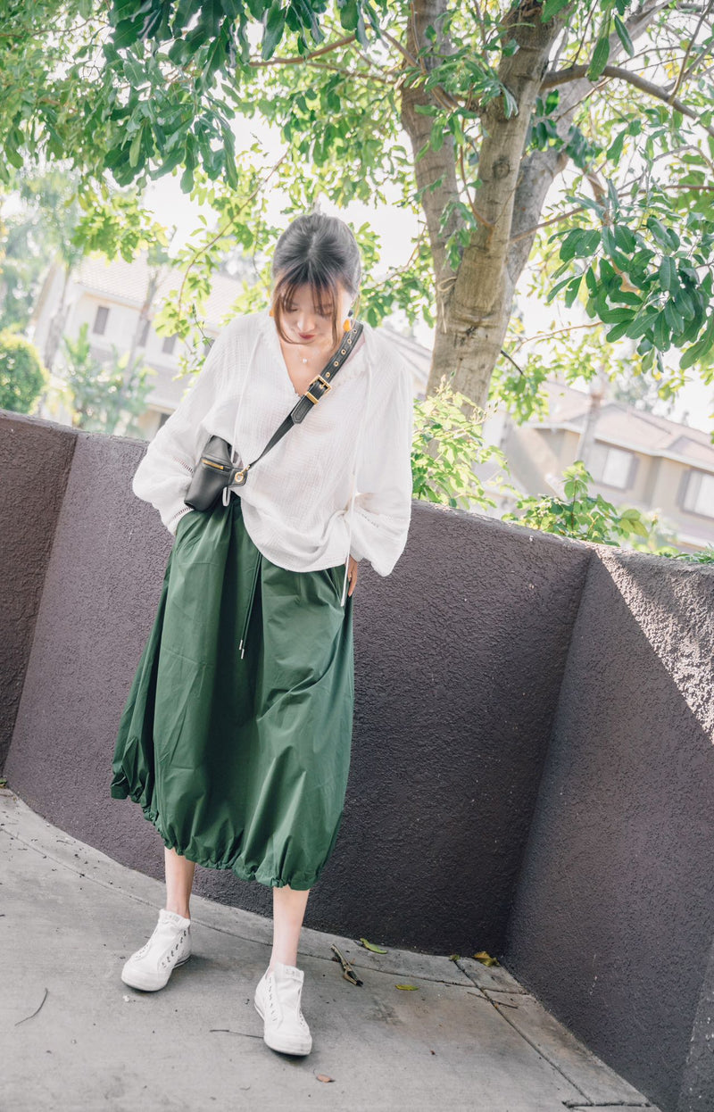【Riko's collection】绿色花苞半裙 松紧腰围有系带 （🍐166/100斤穿S）