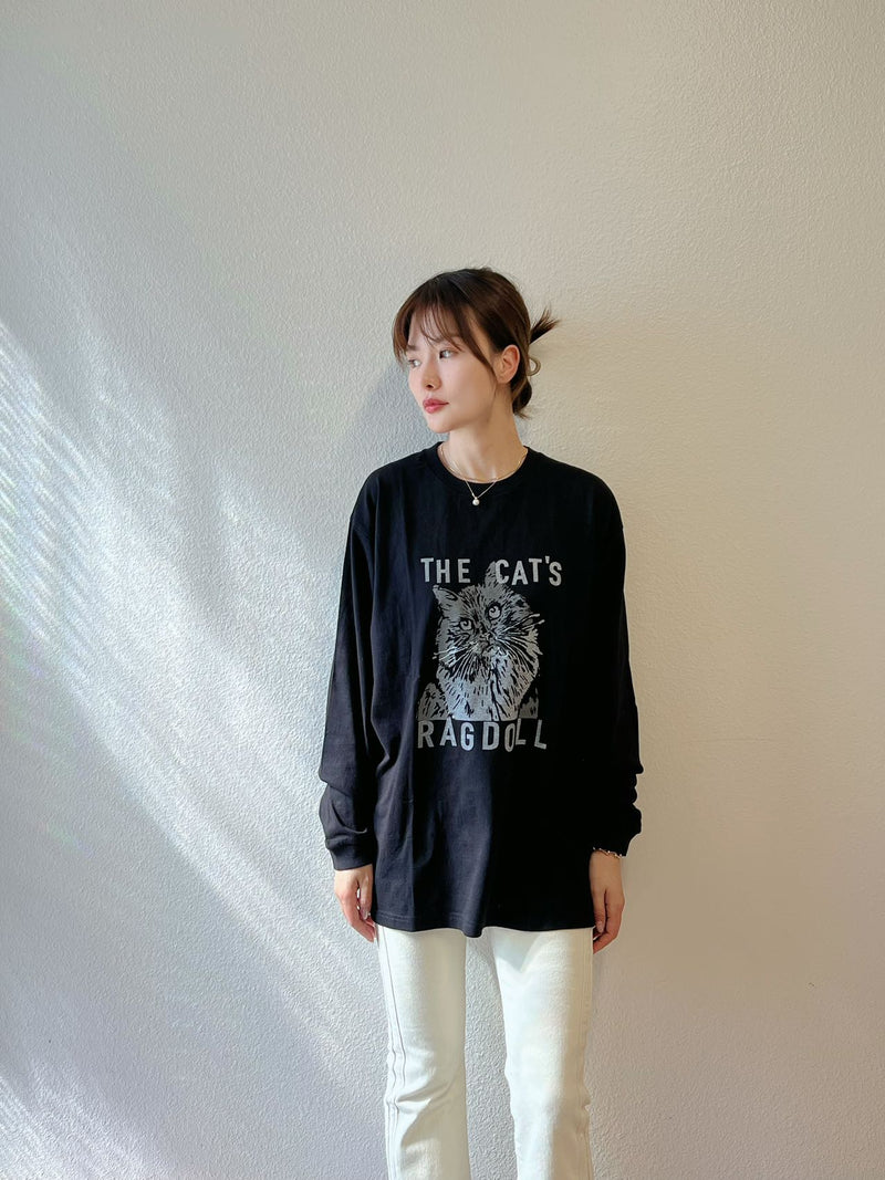 日系猫咪图案长袖T恤上衣 均码 黑白两色可选（模特身高166/100斤）