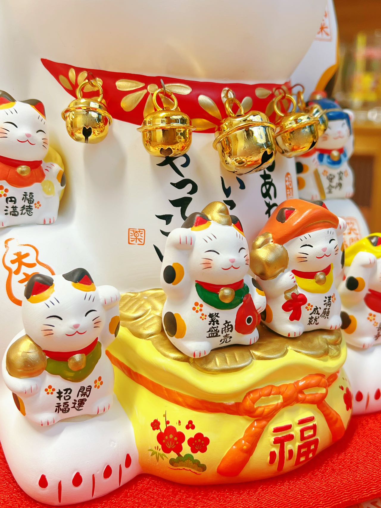 日本浅草寺限定 招财猫（千客萬来+金運来福)做生意开店必备 锦彩七福神招财猫 #7576 高约28cm