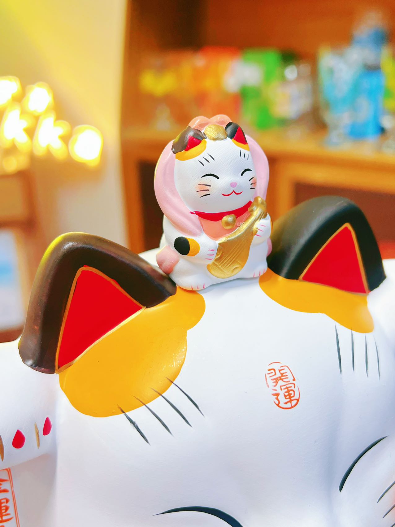 日本浅草寺限定 招财猫（千客萬来+金運来福)做生意开店必备 锦彩七福神招财猫 #7576 高约28cm