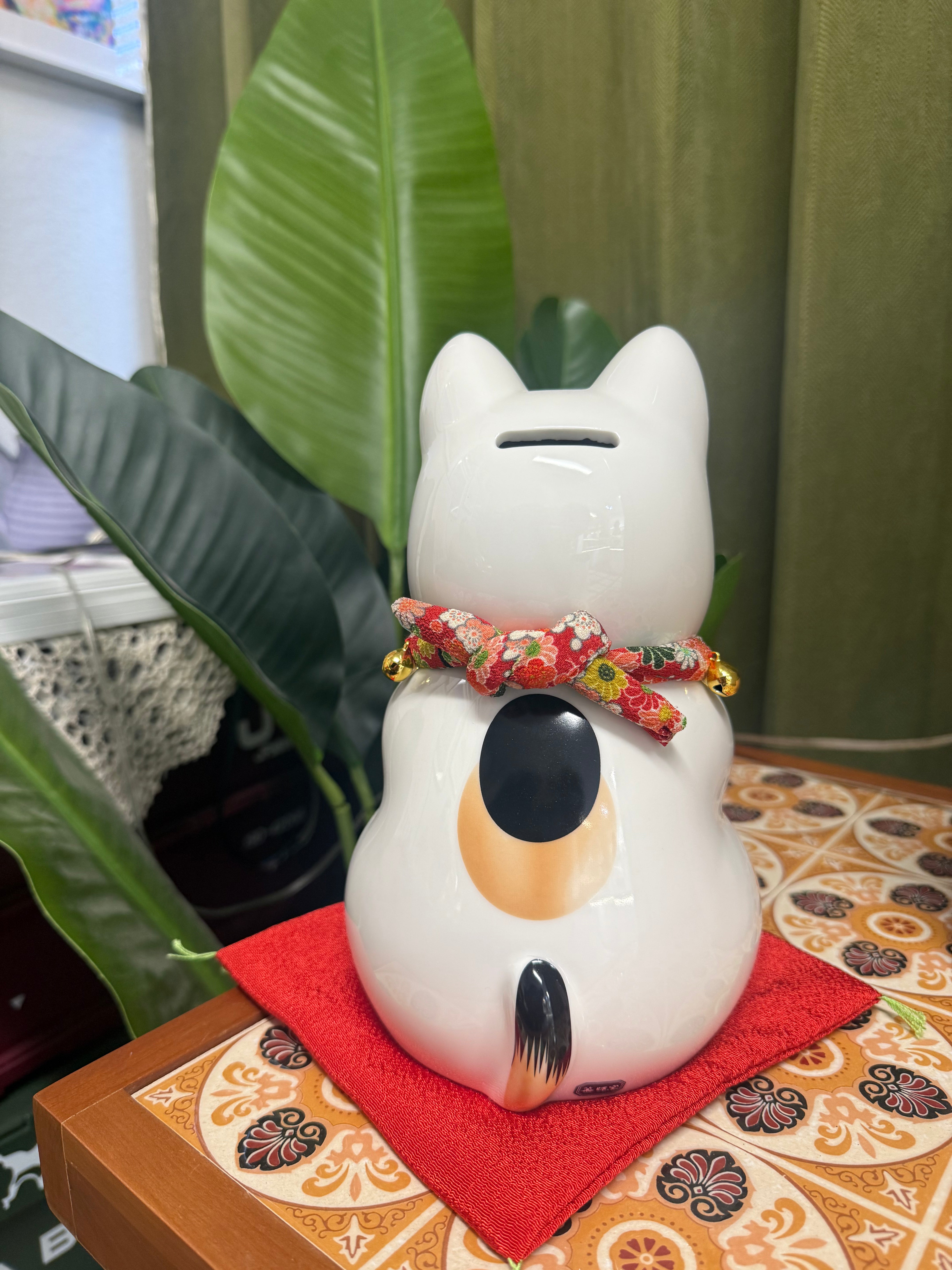 Yakushigama Hand-painted Fuku-Fuku Wishing Cat Coin Bank  23CM 薬師窯 招财猫 彩绘 福福拜托 储蓄罐 大号 #7830约23CM