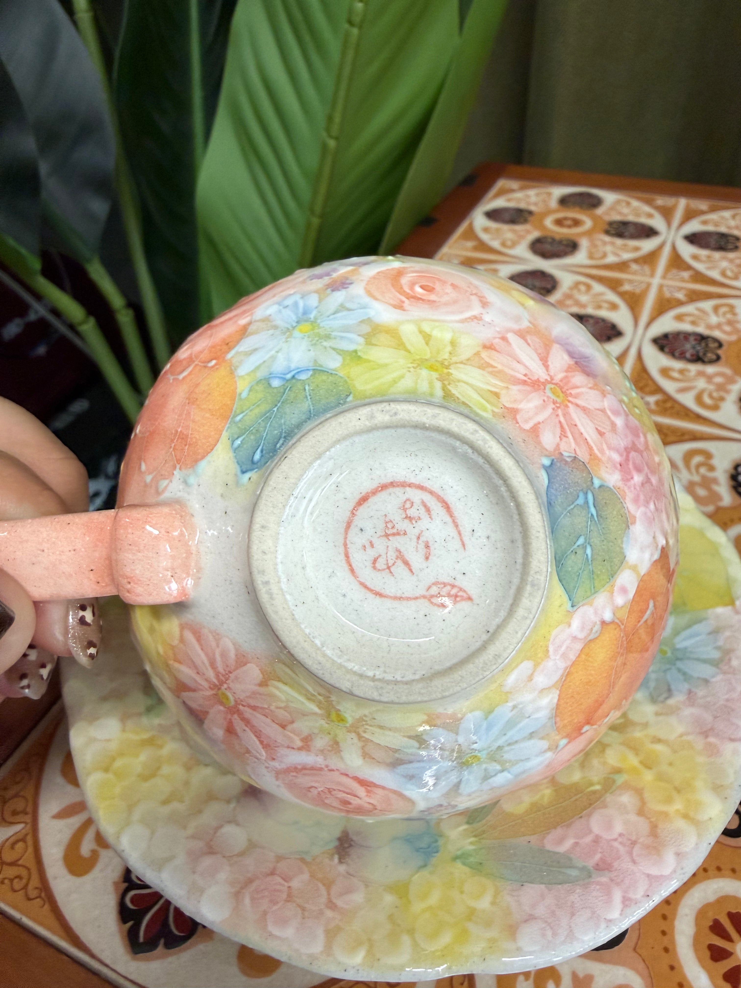 Seto-yaki Kobo Yuzuriha "Heian Miyabi Hana" Hand-painted Coffee Cup and Saucer 日本 濑户烧 工房风花“平安雅花”手作彩绘陶瓷咖啡杯碟套装 #47041