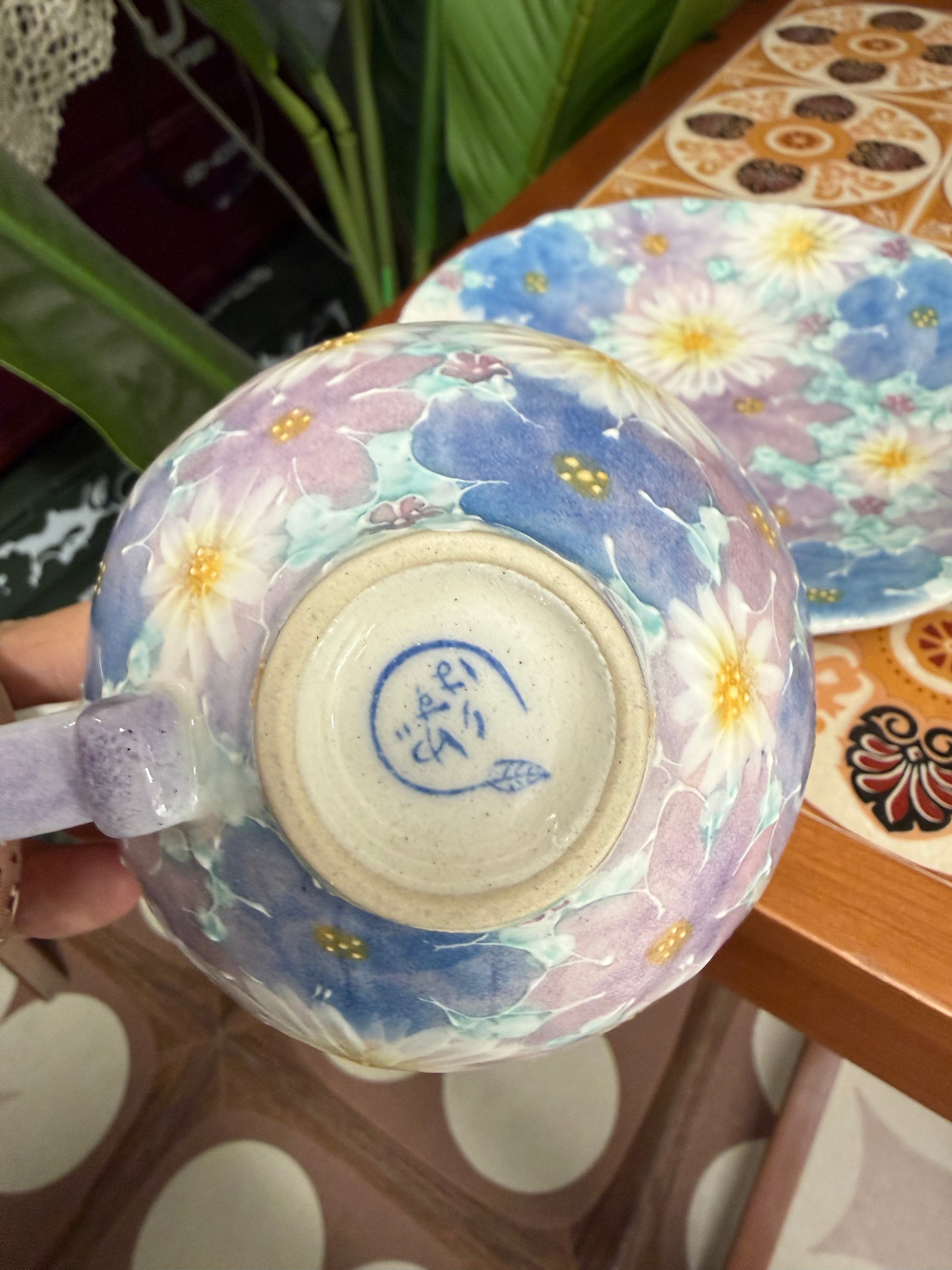 Seto-yaki Kobo Yuzuriha "Hana Yuzen" Hand-painted Coffee Cup and Saucer 日本 濑户烧 工房风花“花友禅”手作彩绘陶瓷咖啡杯碟套装 #41239