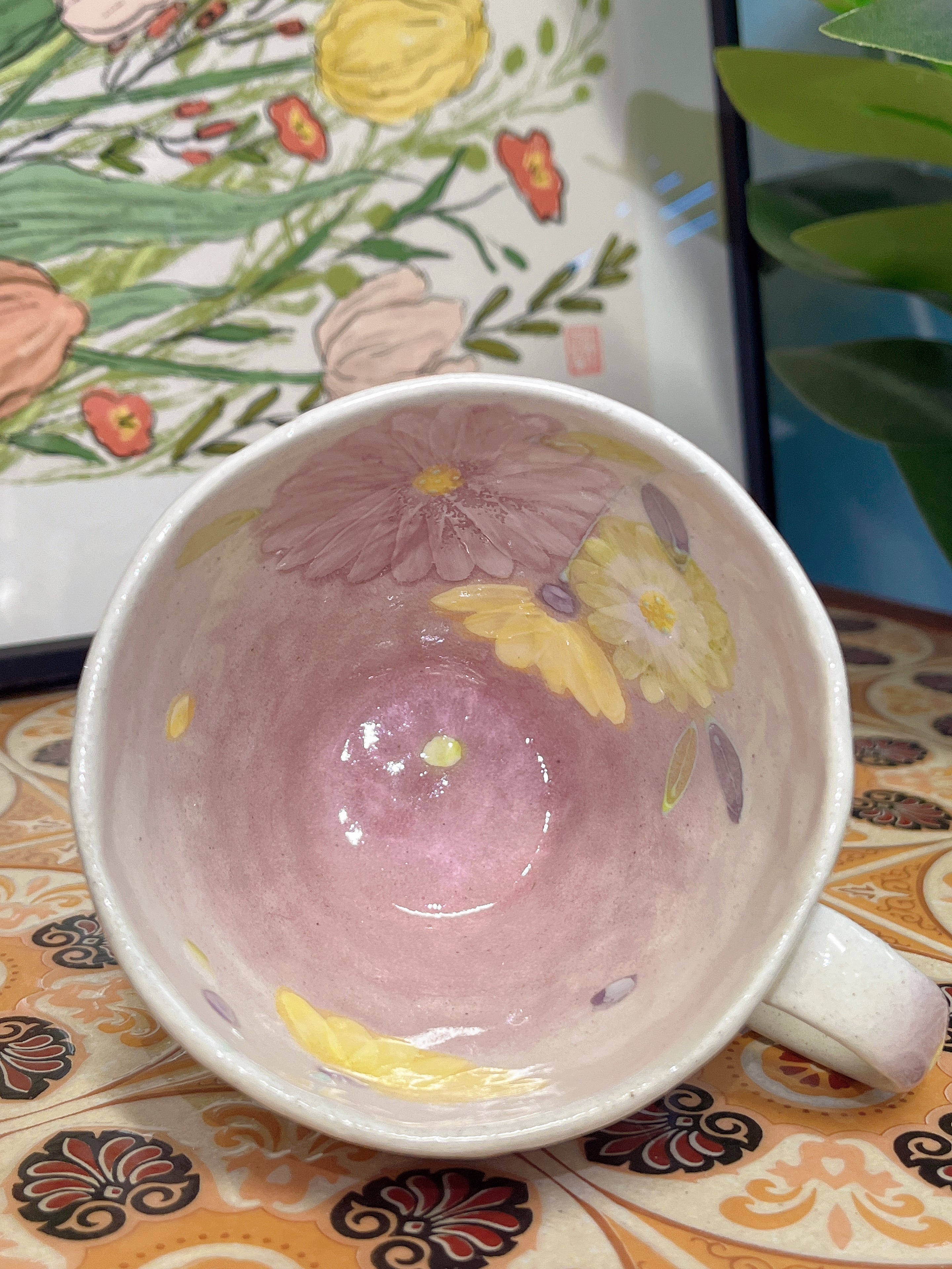 日本舞陶馆 濑户烧 手绘繁花杯 <紫彩粉引花纹> 马克杯 45616