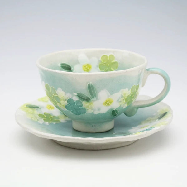 日本舞陶馆 濑户烧 手绘繁花杯 <绿彩小花> 咖啡茶杯碟套装 50771
