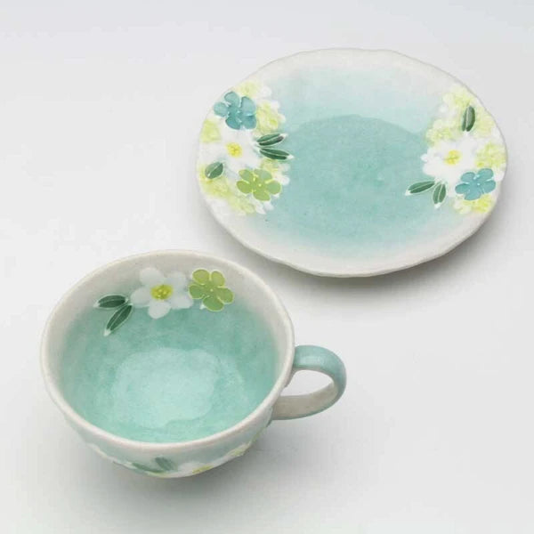 日本舞陶馆 濑户烧 手绘繁花杯 <绿彩小花> 咖啡茶杯碟套装 50771