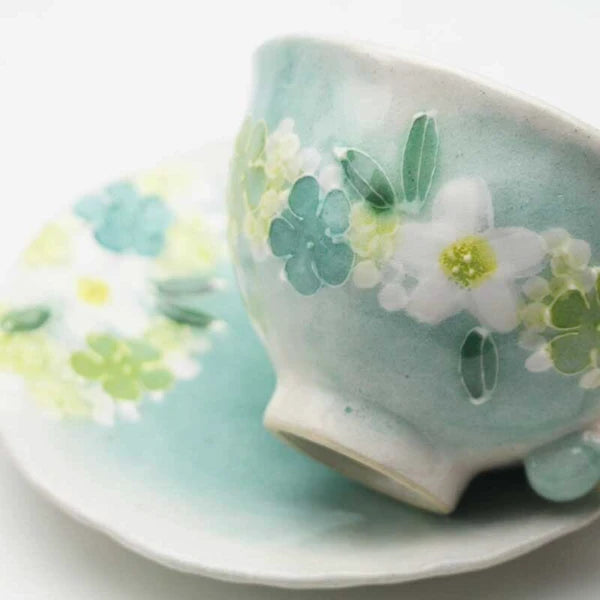日本舞陶馆 濑户烧 手绘繁花杯 <绿彩小花> 咖啡茶杯碟套装 50771