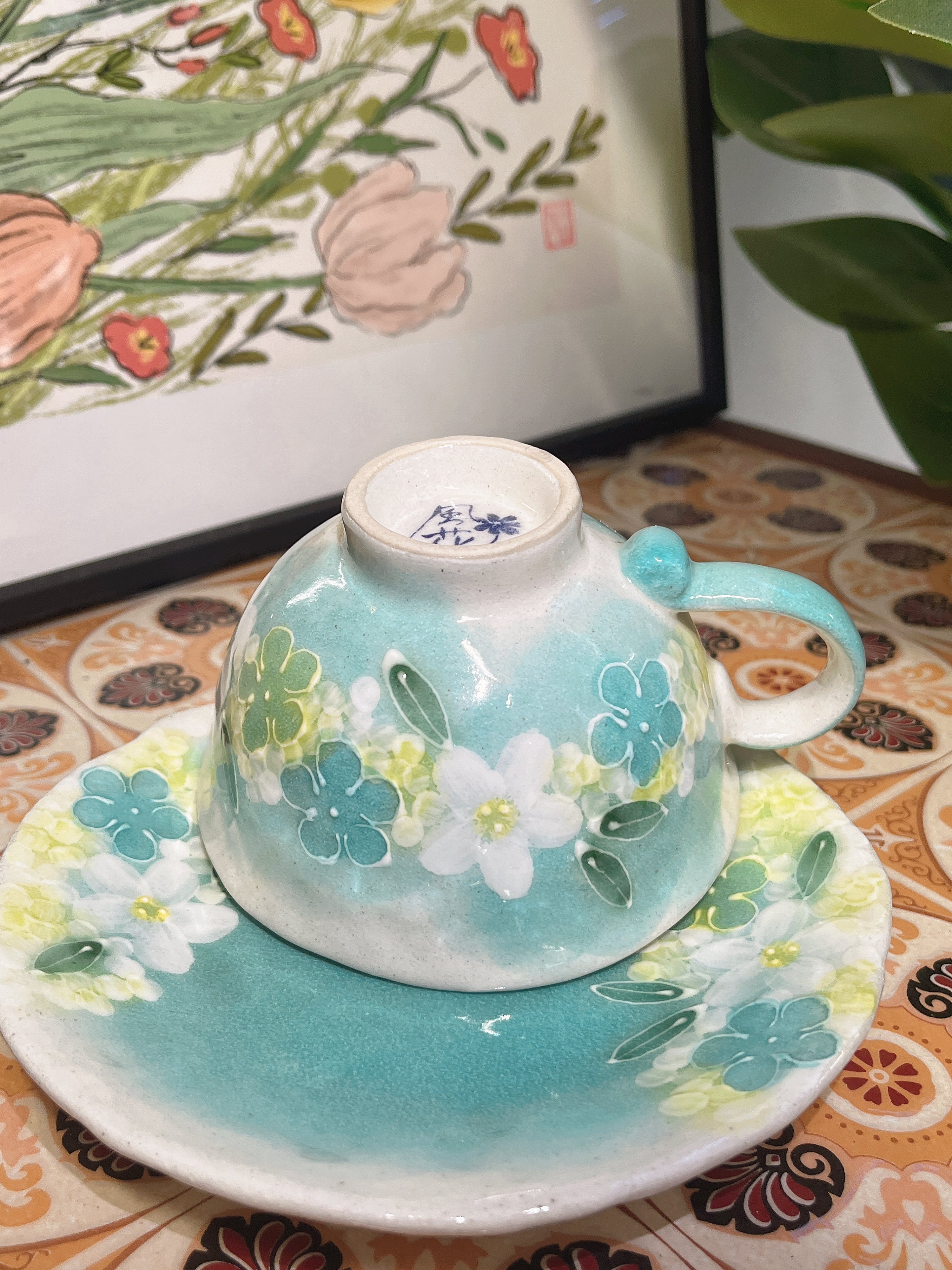 日本舞陶馆 濑户烧 手绘繁花杯 <绿彩小花> 咖啡茶杯碟套装 50771