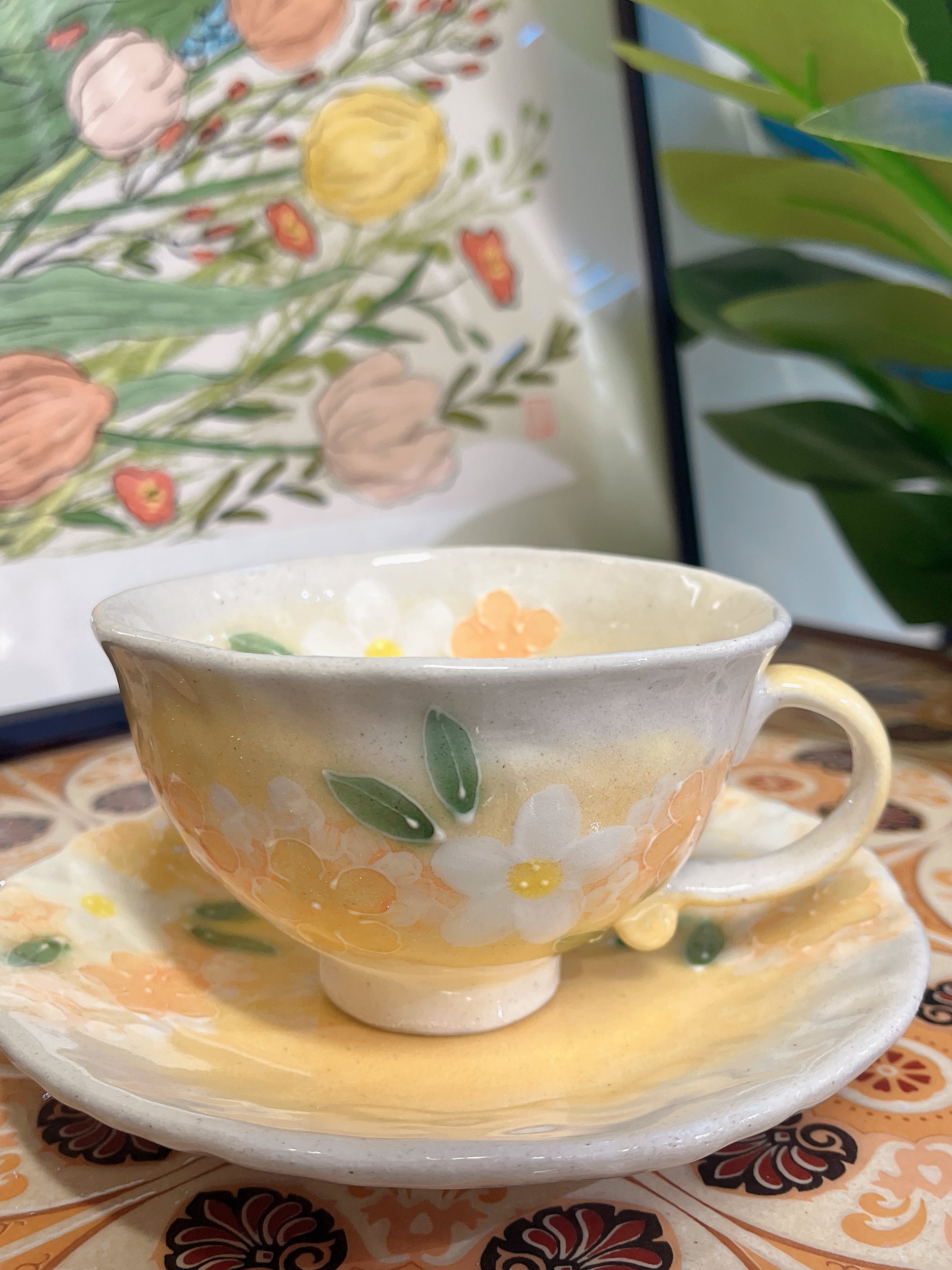 日本舞陶馆 濑户烧 手绘繁花杯 <黄彩小花> 咖啡茶杯碟套装 50769