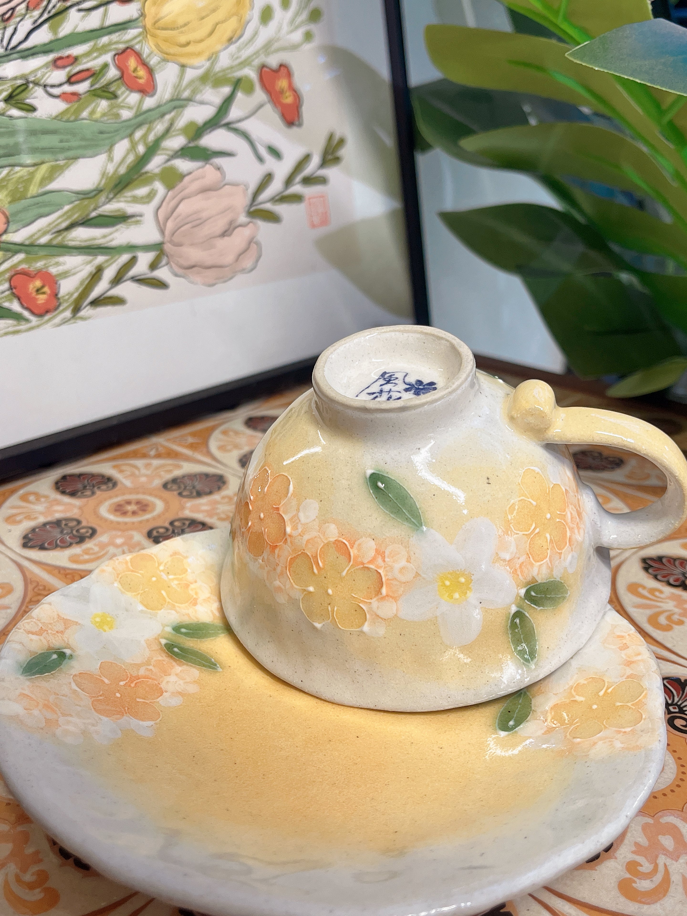 日本舞陶馆 濑户烧 手绘繁花杯 <黄彩小花> 咖啡茶杯碟套装 50769