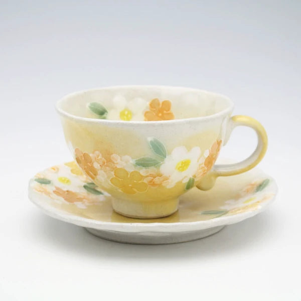 日本舞陶馆 濑户烧 手绘繁花杯 <黄彩小花> 咖啡茶杯碟套装 50769