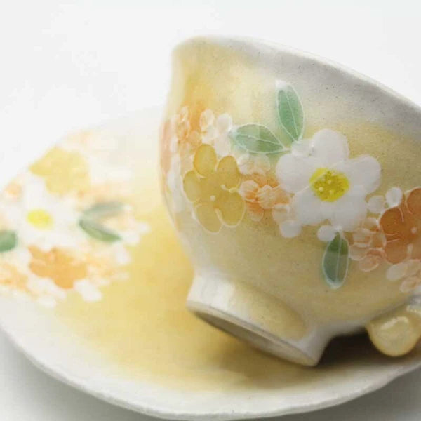 日本舞陶馆 濑户烧 手绘繁花杯 <黄彩小花> 咖啡茶杯碟套装 50769
