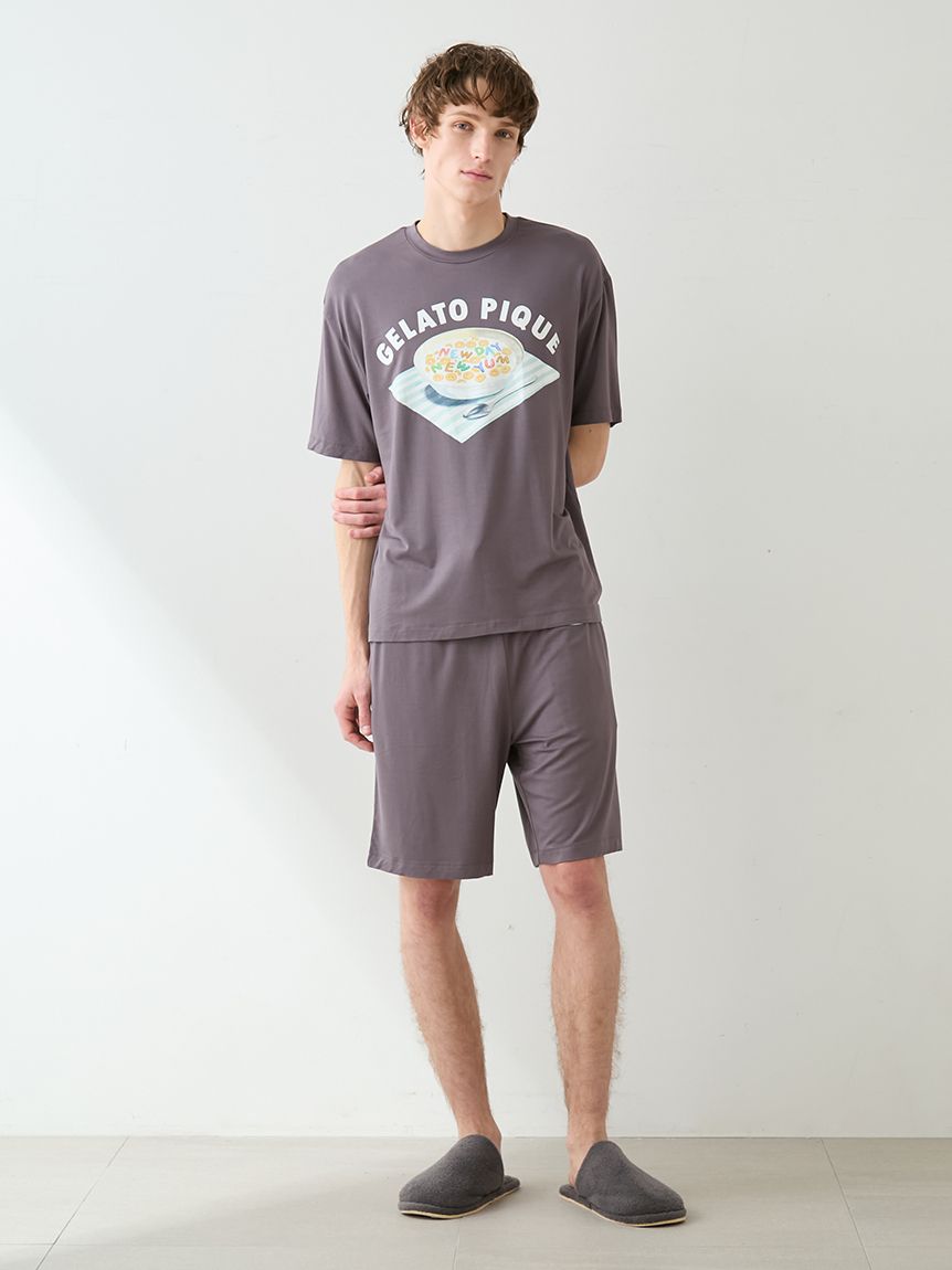 日本 gelato pique  26春夏新品 美食系列家居服 缤纷麦片印花 深灰色短袖短裤套装 男士套装