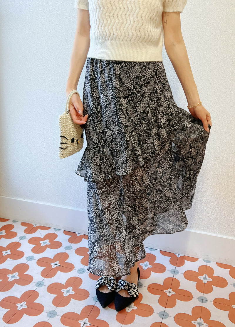 【Riko's collection】黑白色碎花半身裙 弹力腰围 （模特身高166/100斤）
