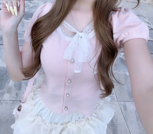 日本 GRL 2026年新款 甜美蕾丝蝴蝶结珍珠扣上衣 粉色 均码
