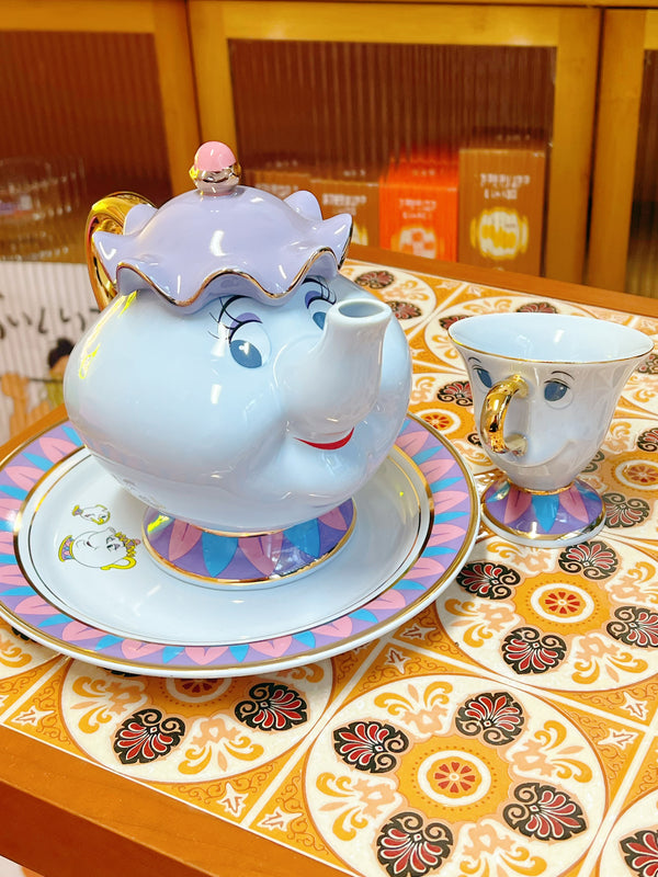 Tokyo Disney 东京迪斯尼 美女与野兽陶瓷镀金茶壶茶杯 Mrs.Potts 茶煲太太和阿奇杯子蓝色大套