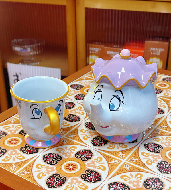 Tokyo Disney 东京迪斯尼 美女与野兽陶瓷镀金茶壶茶杯 Mrs.Potts 茶煲太太和阿奇杯子 白色小套