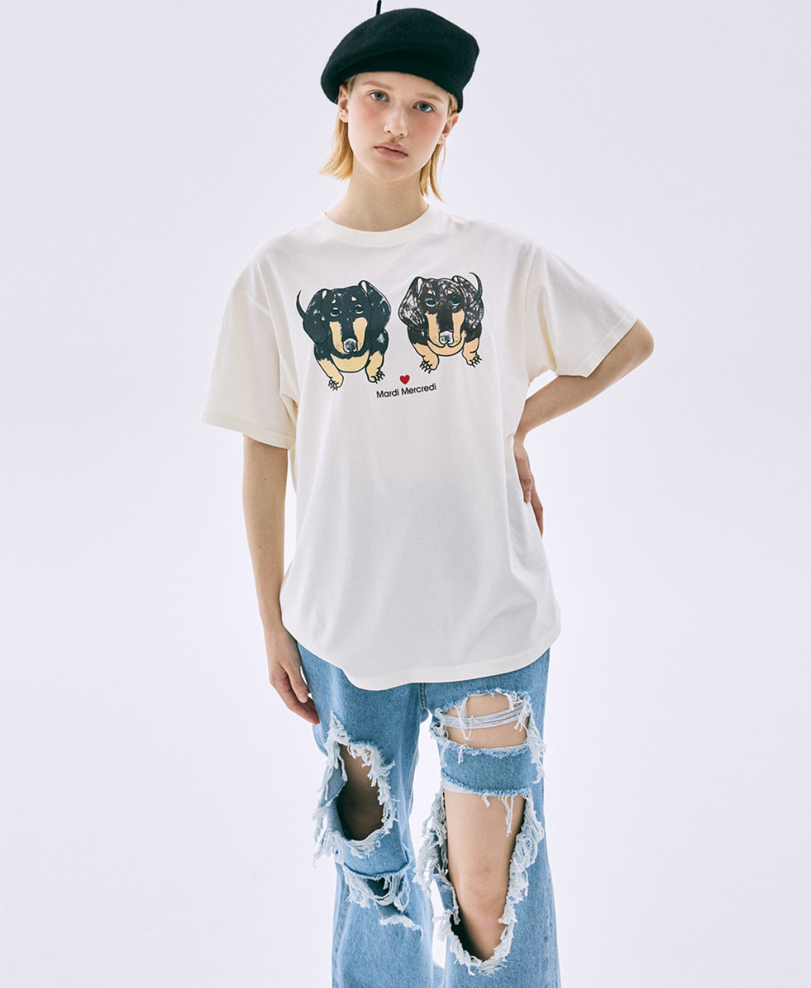 韩国 Mardi Mercredi 腊肠狗系列 黑与棕腊肠狗印花 均码 奶油色