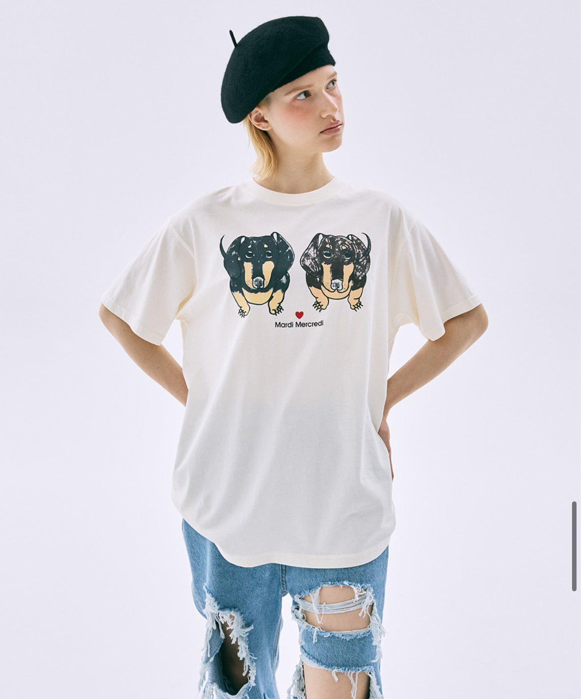 韩国 Mardi Mercredi 腊肠狗系列 黑与棕腊肠狗印花 均码 奶油色