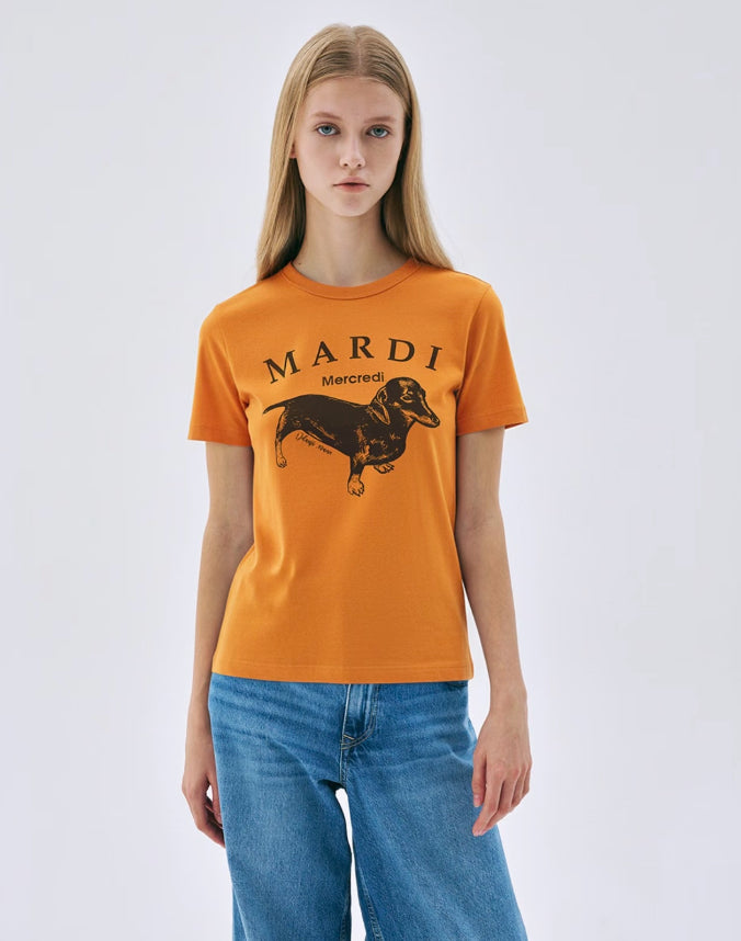 韩国 MARDI MERCREDI 腊肠狗系列 印花短袖T SLIM版型合身短款 橘色 均码