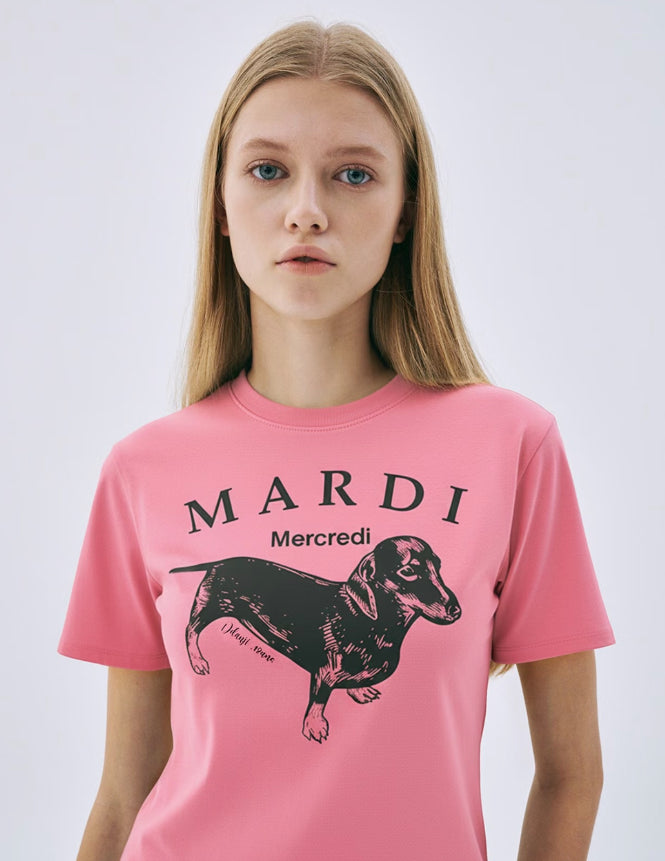韩国 MARDI MERCREDI 腊肠狗系列 印花短袖T SLIM版型合身短款 桃粉色 均码