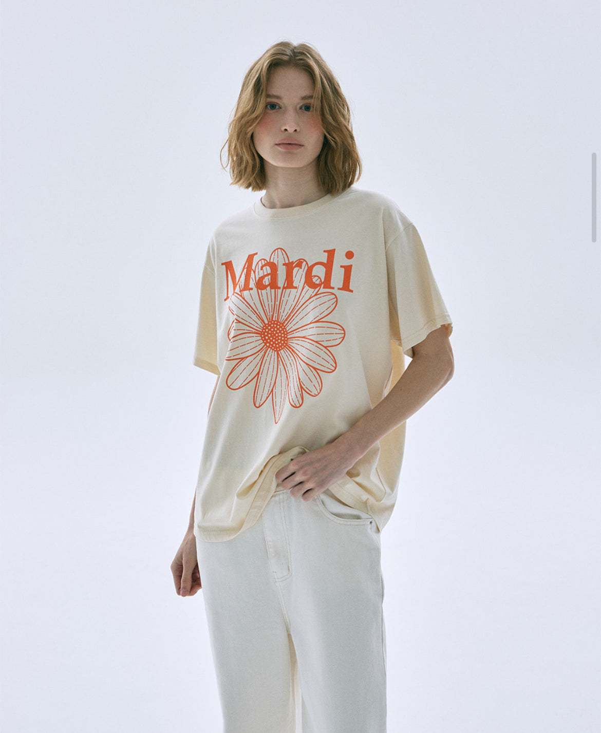 韩国 MARDI MERCREDI 小雏菊印花短袖T恤 奶油色搭配橘色印花雏菊 均码