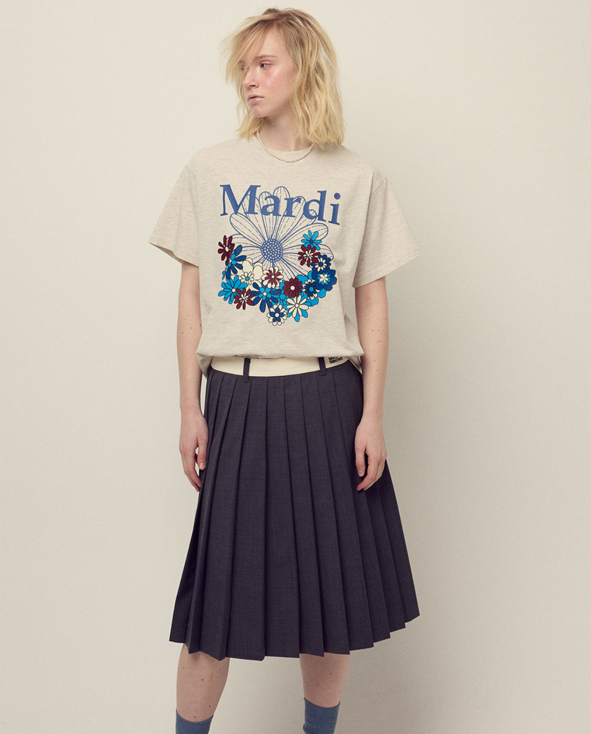 韩国 Mardi Mercredi 小雏菊 印花短袖T恤 燕麦灰搭深蓝色印花 均码