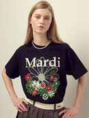 韩国 Mardi Mercredi 小雏菊 印花短袖T恤 黑色搭奶油红绿印花 均码