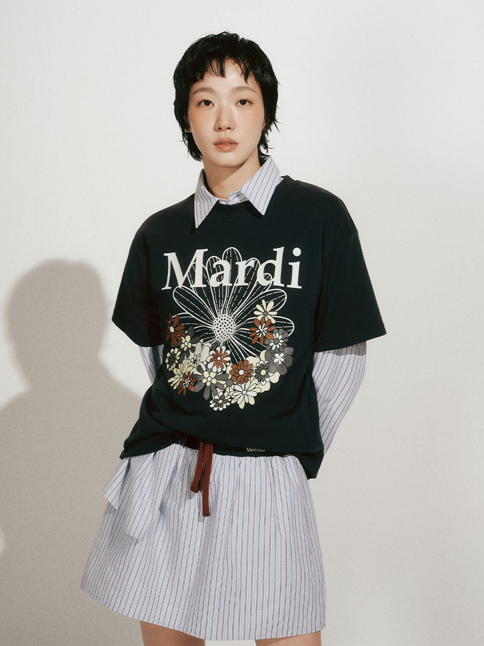 韩国 Mardi Mercredi 小雏菊 印花短袖T恤 深蓝搭奶油美拉德色印花 均码