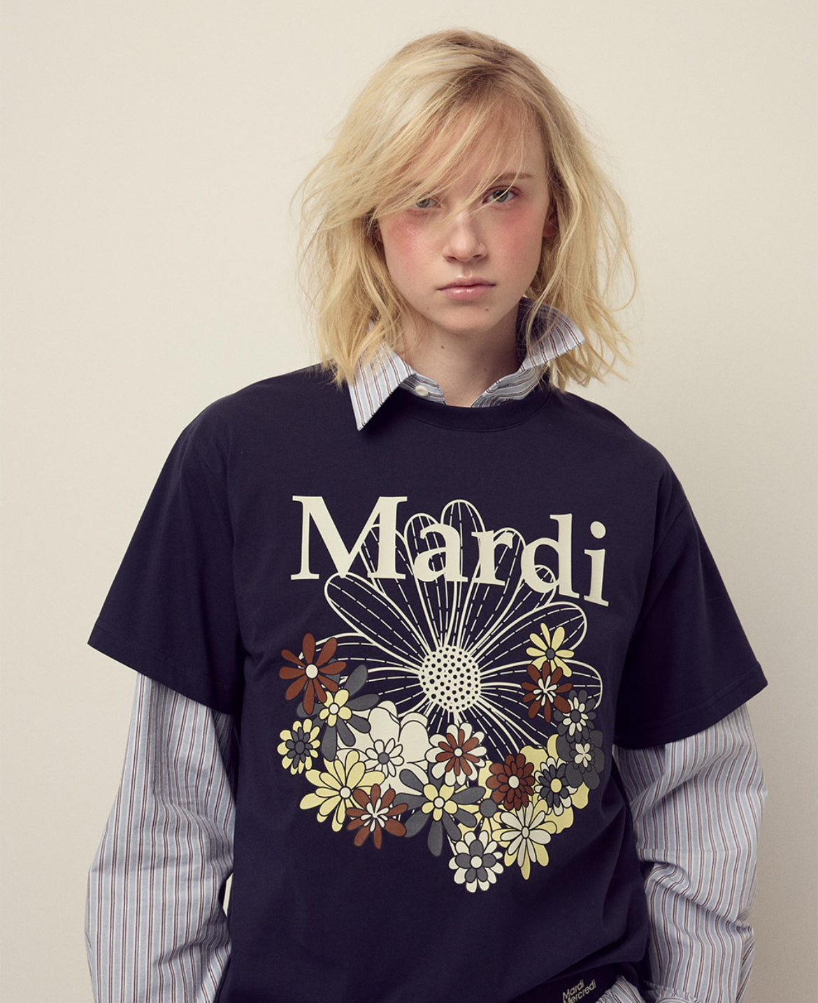 韩国 Mardi Mercredi 小雏菊 印花短袖T恤 深蓝搭奶油美拉德色印花 均码