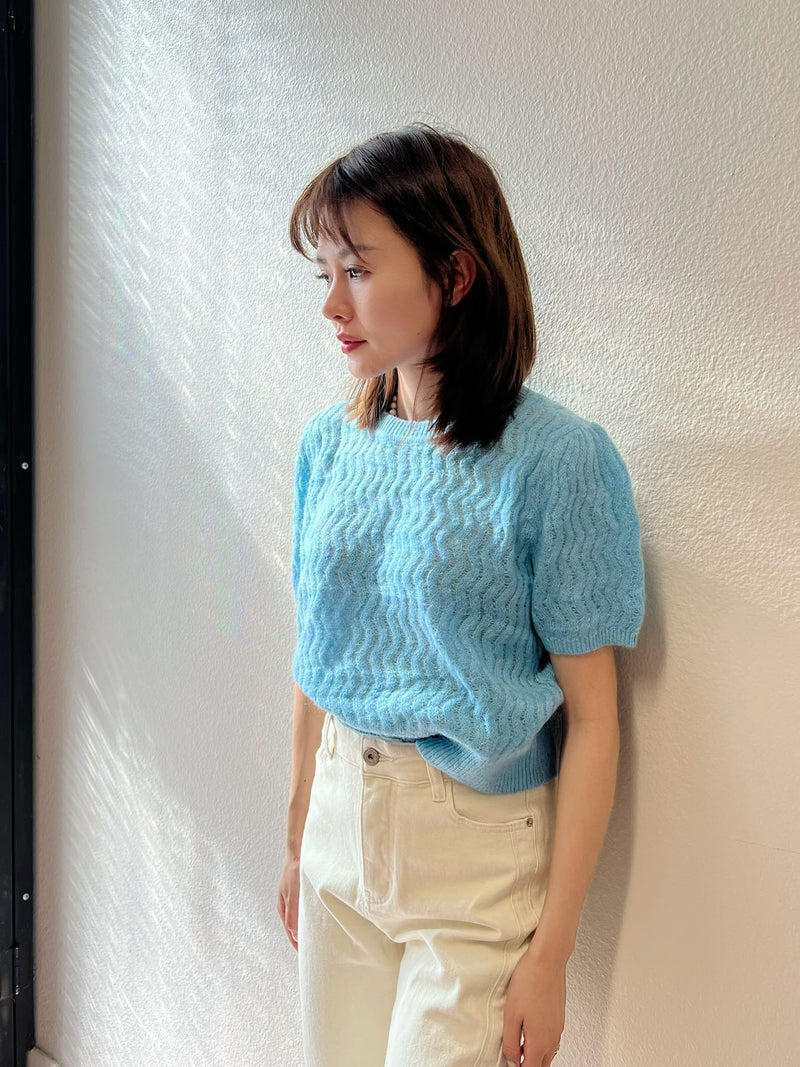 【Riko's collection】马海毛镂空短袖上衣 复古风 白色/蓝色 梨子穿S刚刚好