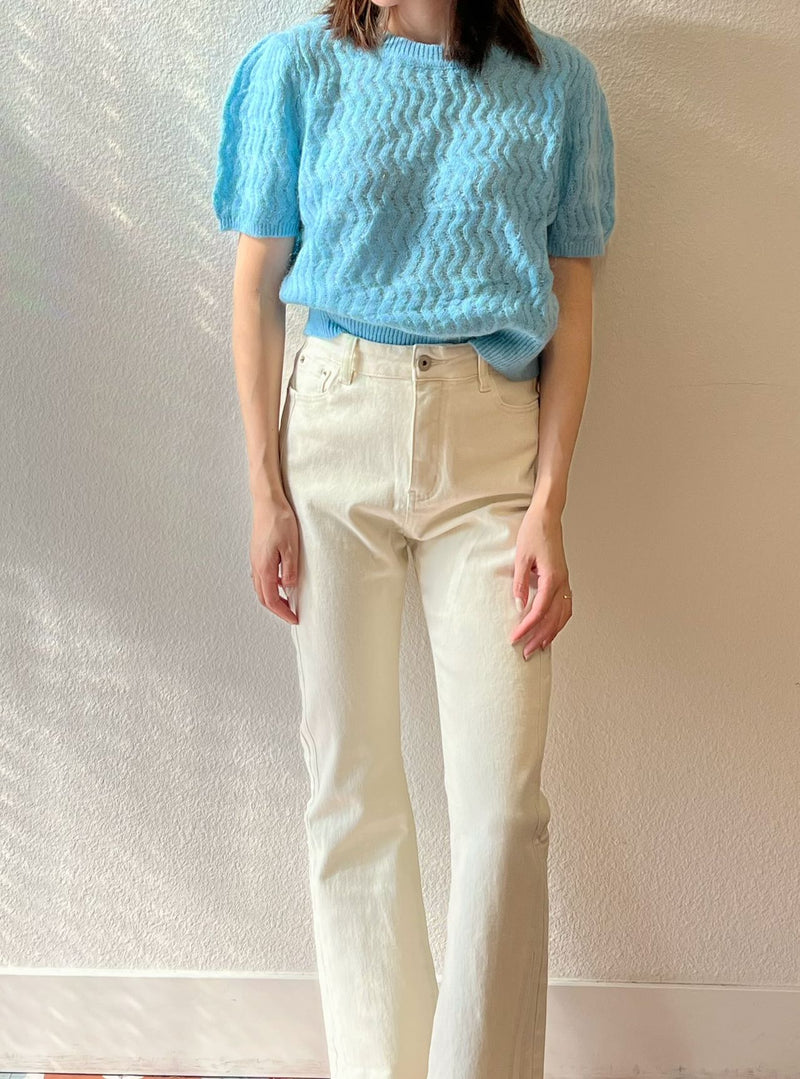 【Riko's collection】马海毛镂空短袖上衣 复古风 白色/蓝色 梨子穿S刚刚好