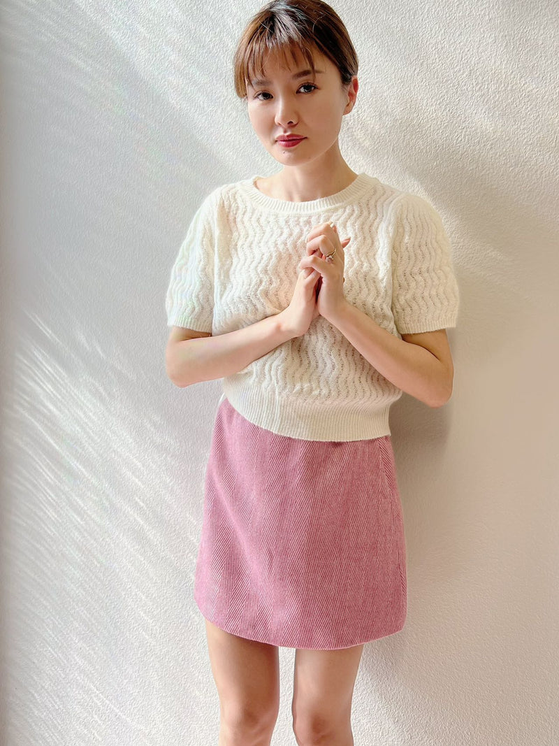 【Riko's collection】粉色人字纹A型毛呢半裙 均码（腰围70cm以内可以穿）