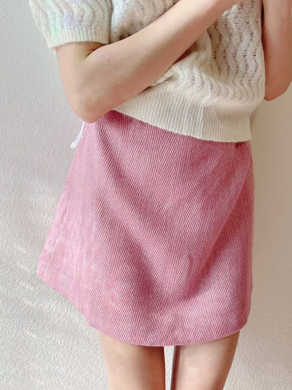 【Riko's collection】粉色人字纹A型毛呢半裙 均码（腰围70cm以内可以穿）