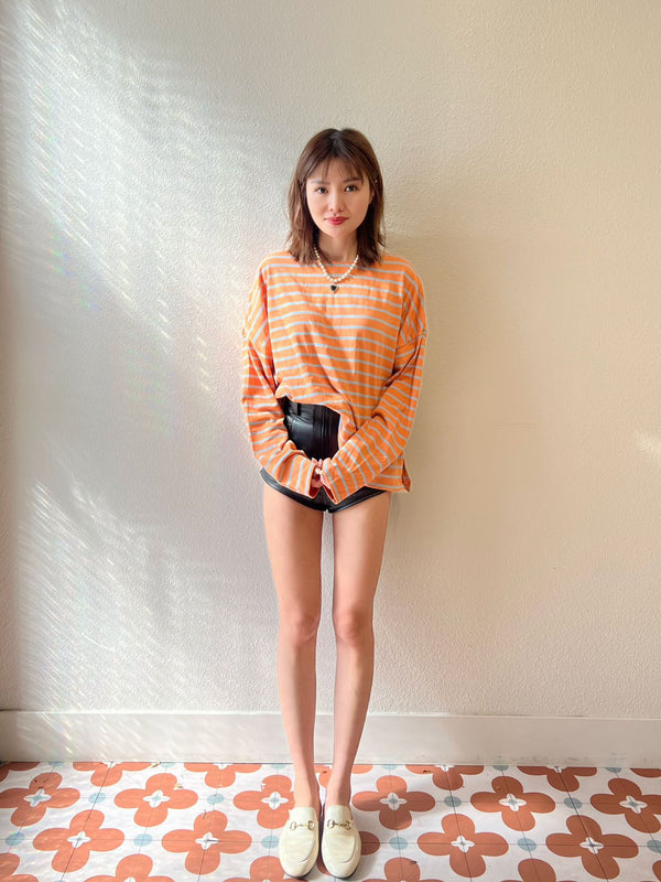 【Riko's collection】橘色条纹上衣 宽松版 均码（模特身高166/100斤）