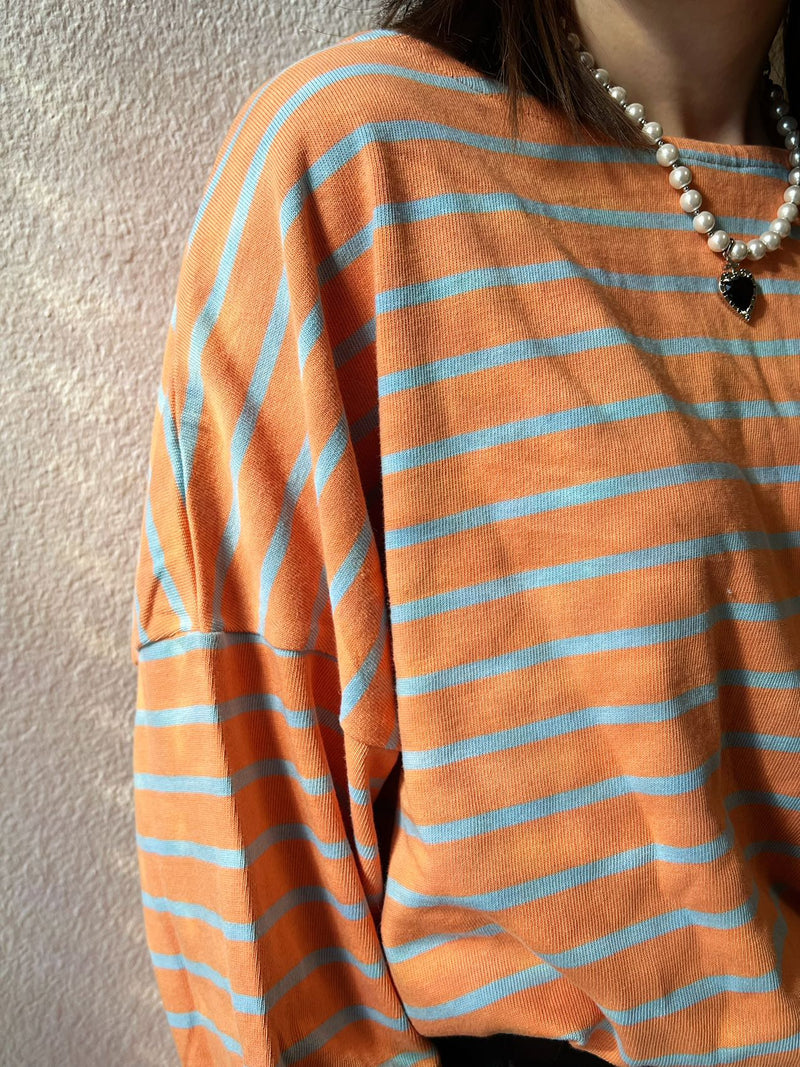 【Riko's collection】橘色条纹上衣 宽松版 均码（模特身高166/100斤）