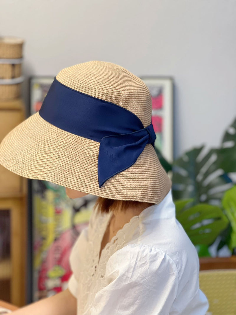 日本Override 防晒渔夫帽 可折叠 蝴蝶结遮阳帽 卡其色配蓝色丝带 头围可调节