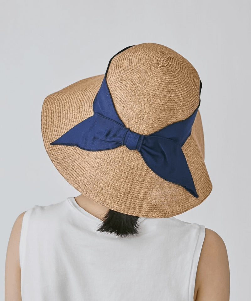 日本Override 防晒渔夫帽 可折叠 蝴蝶结遮阳帽 卡其色配蓝色丝带 头围可调节